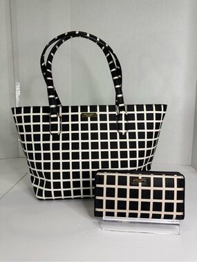 Kate Spade  Black & White Checkered Laurel Way Dally Tote Bag & Neda Wallet